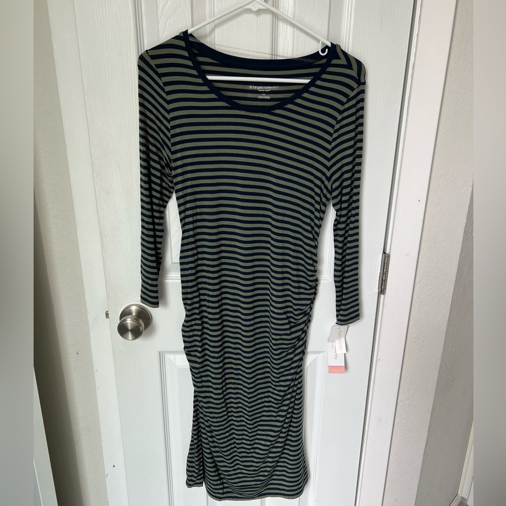 Liz Lange Olive Green & Navy Blue Stripe Maternity Dress Size XS
